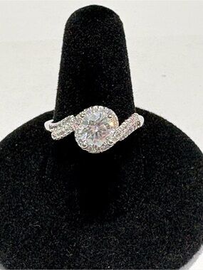 Silver Halo Round Moissanite Engagement Ring - Silver